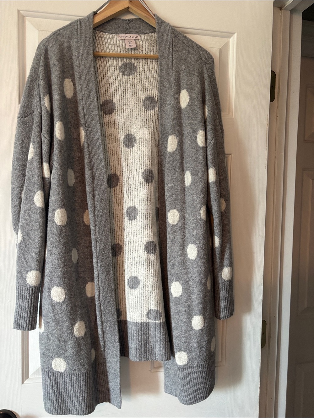 Sincerely Jules Grey and Cream Polka Dot Open-Front Cardigan